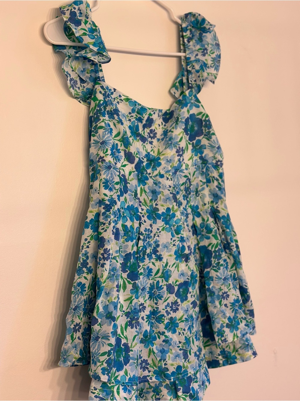 Altar'd State Blue & Green Floral Ruffle-Strap Romper XL